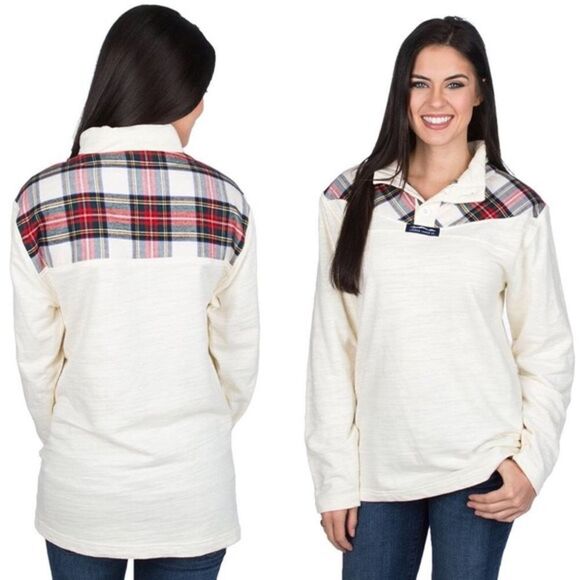 New LAUREN JAMES Hudson Pullover Ivory Plaid M - Picture 1 of 9